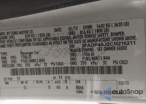 2012 Ford Fiesta S z USA, uszkodzony, nr VIN 3FADP4AJ2CM216211